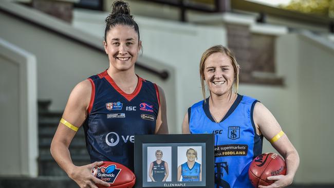 Sturt and Norwood will remember former teammate Ellen Maple, who died after a car accident last year, with a medal named in her honour. Leah Cutting (Norwood co-captain) and Caitlyn Swanson (Sturt co-captain) holding photos of Maple. Picture: AAP/Roy VanDerVegt