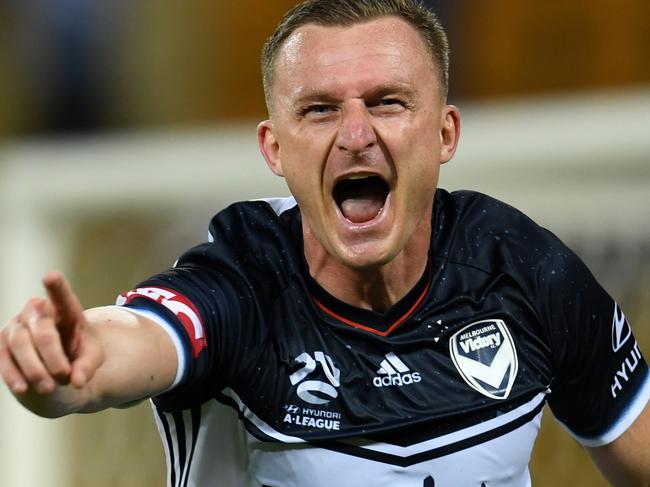 **RETRANSMISSION CORRECTION FOR ID: 20171217001327864642 - CORRECTING OBJECT NAME TO ALEAGUE ROAR VICTORY** Besart Berisha of the Melbourne Victory celebrates scoring a goal that was later disallowed during the Round 11 A-League match between Brisbane Roar and Melbourne Victory at Suncorp Stadium in Brisbane, Sunday, December 17, 2017. (AAP Image/Dan Peled) NO ARCHIVING, EDITORIAL USE ONLY