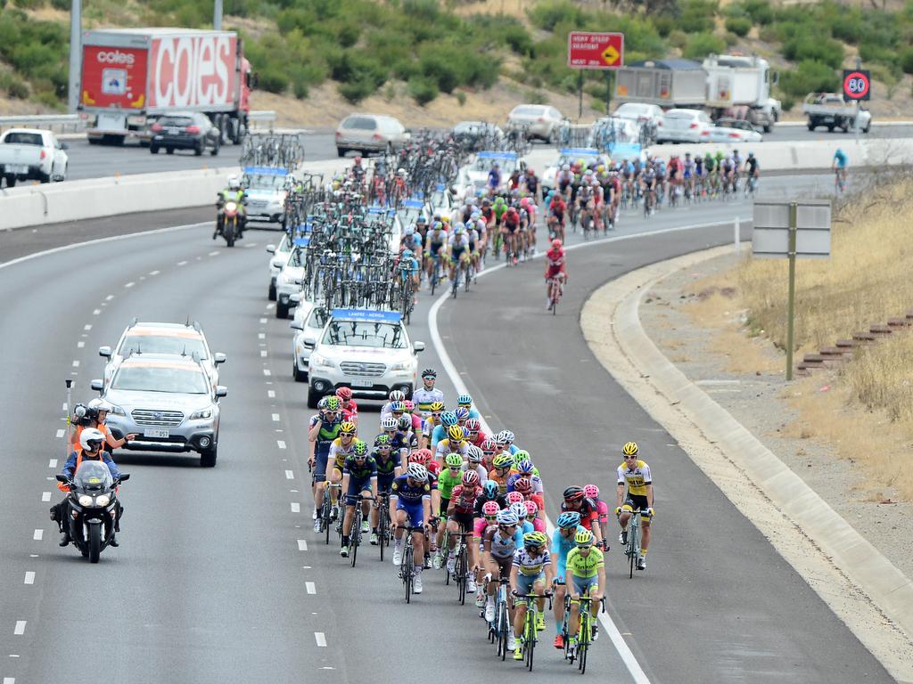 The view from the MajorsRd overpass as riders come along the Southern Expressway on Stage 3 of the 2016 Tour Down Under. Picture: Tom Huntley