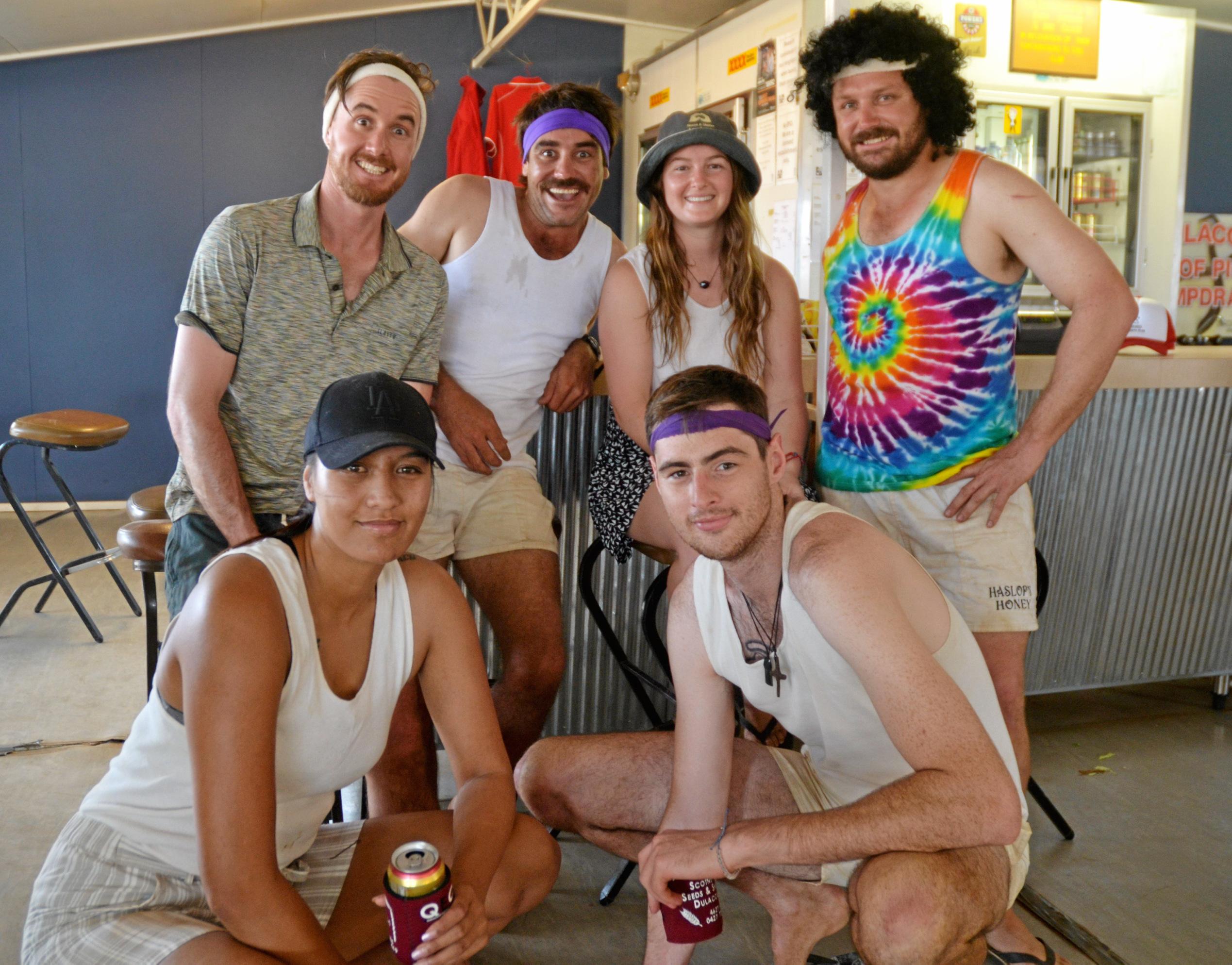 Up front: Taylor Valach and Mitchell Davis, in the back: Ryan McGrath, Cam Scotney, Heather North and Peter Scotney at the Dulacca Sports Club annual Bush Beach Volleyball tournament. Picture: Kate McCormack