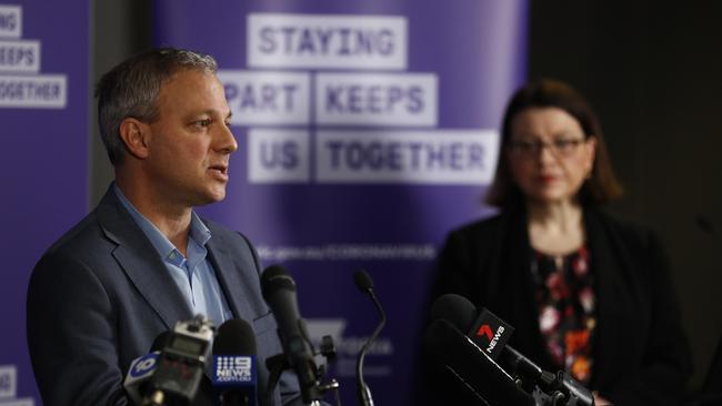 Victoria’s chief health officer Brett Sutton and Health Minister Jenny Mikakos at today’s virus briefing. Picture: Getty