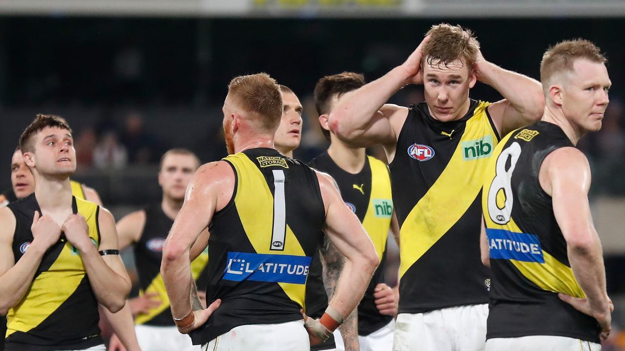 Heartbroken Richmond players after their narrow finals loss. Picture: Michael Willson/AFL Photos via Getty Images
