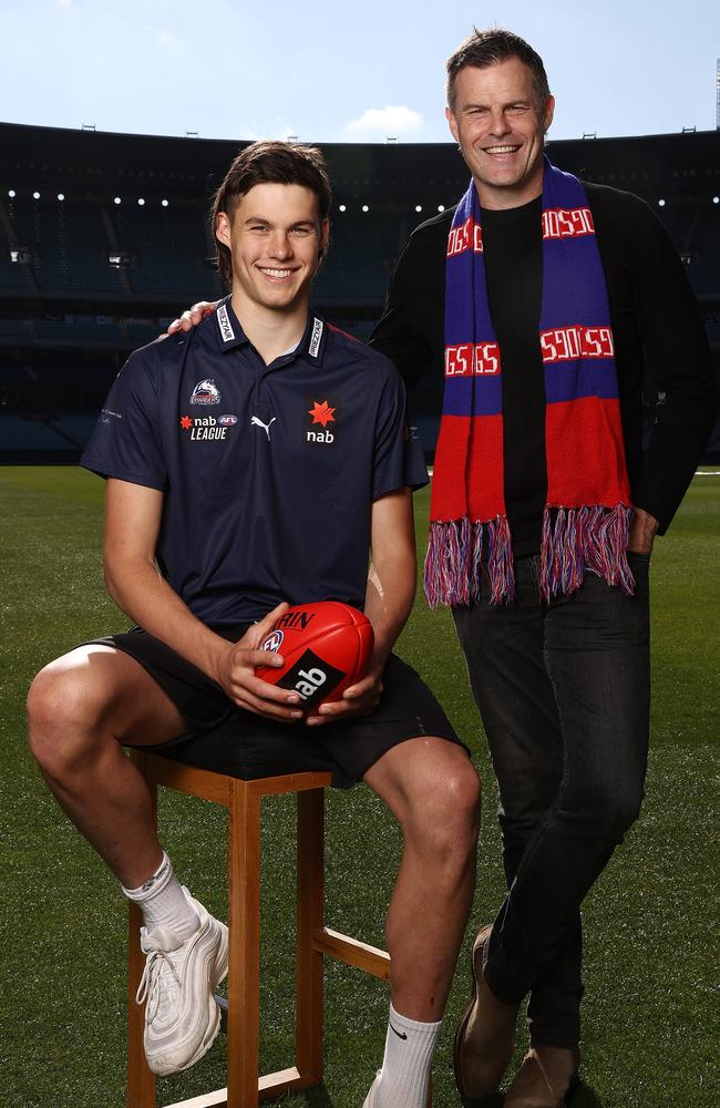 Sam Darcy and his dad Luke at the MCG ahead of him being drafted by the Western Bulldogs. Picture: Michael Klein.