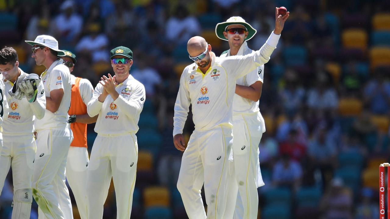 The moment Nathan Lyon joined the 400 club. Picture: AFP Photos