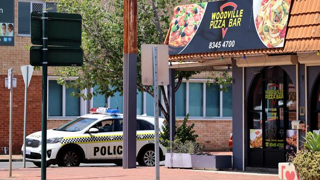 Police outside the Woodville Pizza Bar on Friday. Picture: Getty Images