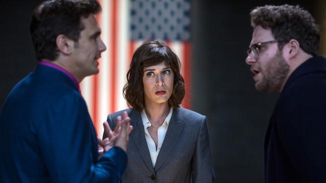 James Franco, Lizzy Caplan and Seth Rogen in the film. Picture: AP