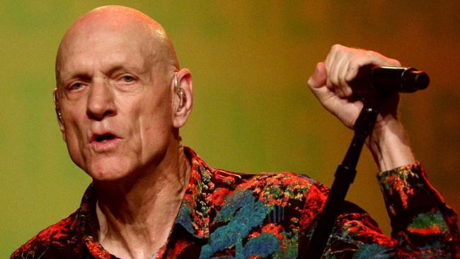 SYDNEY, AUSTRALIA - FEBRUARY 25:Peter Garrett of Midnight Oil  performs alongside Tasman Keith and Leah Flanagan  and Liz Flanagan   as part of Makarrata Live at Enmore Theatre on February 25, 2021 in Sydney, Australia. (Photo by Don Arnold/WireImage)