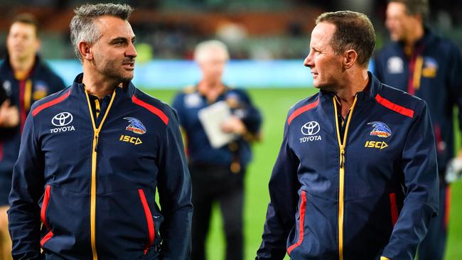 Adelaide assistant coach Scott Camporeale and senior coach Don Pyke during the Showdown on Saturday at Adelaide Oval. Picture: Daniel Kalisz/Getty Images