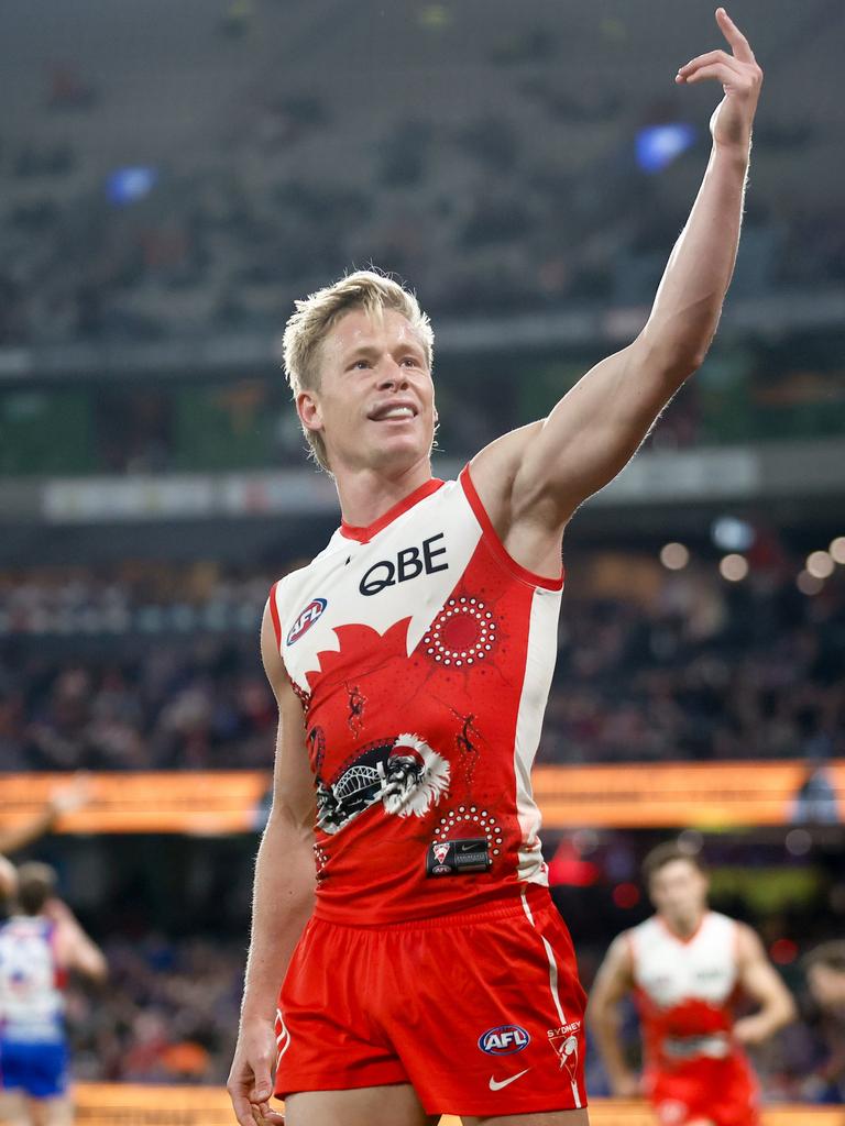 Isaac Heeney of the Swans celebrates a goal as his side defeats the Western Bulldogs. Picture: Michael Willson/AFL Photos via Getty Images