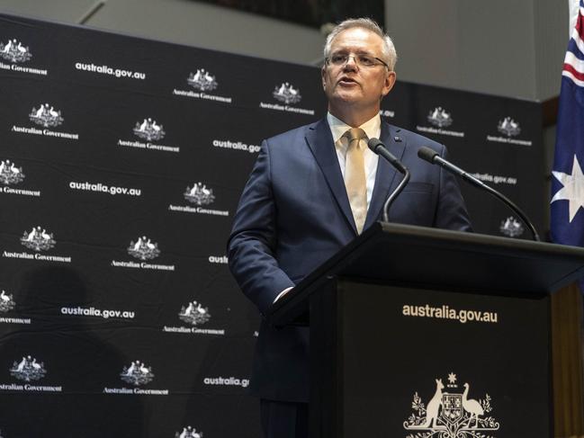 Scott Morrison in Canberra announcing childcare relief for parents. Picture: Gary Ramage