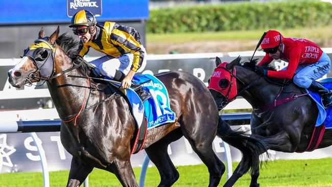 Trapeze Artist powered home to beat Redzel in last year’s TJ Smith Stakes. The pair will clash again in Saturday’s big sprint. Picture: AAP 