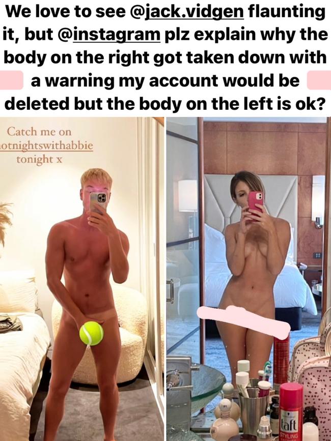 Nadia Bokody’s post on the right was almost identical to Jack Vidgen’s photo – minus the nipples. Picture: Instagram.