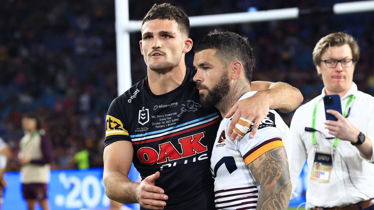 Nathan Cleary and Adam Reynolds after the 2023 NRL Grand Final between the Brisbane Broncos and the Penrith Panthers at Accor Stadium, Sydney Olympic Park. Pics Adam Head