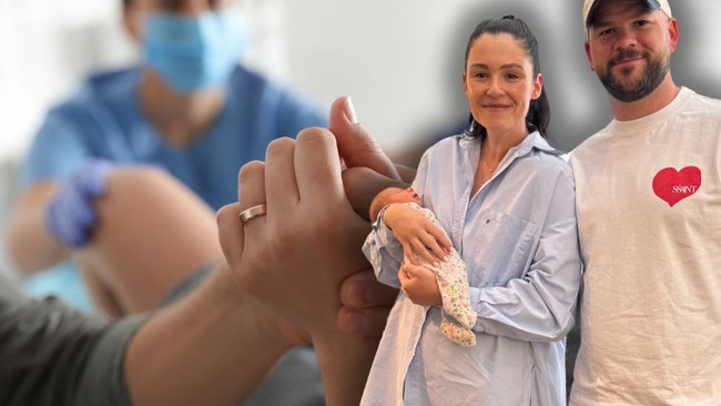 Kate Stephens with her baby and husband.