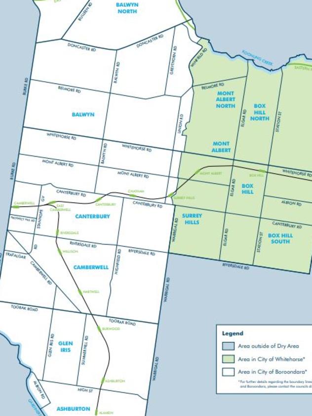 Map of dry areas under the Liquor Control Reform Act 1998.