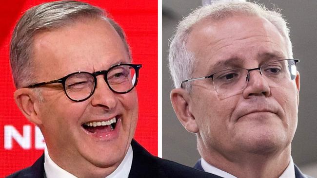 COMPOSITE IMAGE - LEFT PIC: Australian Opposition Leader Anthony Albanese reacts during the third leaders' debate of the 2022 federal election campaign at Seven Network Studios in Sydney on May 11, 2022. (Photo by LUKAS COCH / POOL / AFP)RIGHT PIC: ELECTION TEAM 2022LIBERAL BUS TOUR 11/5/2022Prime Minister Scott Morrison with Fraser Hughson CTO Allegro EnergyPrime Minister Scott Morrison visits The Melt Industrial Prototyping Lab and Innovation Accelerator to announce the extension of the Trailblazer program, and the Governments Modern Manufacturing Policies.This event is located in the electorate of SHORTLAND, Newcastle, NSW.ATTENDING:The Hon Scott Morrison MP, Prime MinisterThe Hon Stuart Robert MP, Minister for Employment, Workforce, Skills, Small and Family BusinessMs Nell McGill, Liberal Candidate for ShortlandMr Trent Bagnall, Managing Partner, The MeltProf Alex Zelinski AO Ã Vice Chancellor and President, University of NewcastleProf Alan Broadfoot, Executive Director Newcastle Institute of Energy and ResourcesProf Kent Anderson, Deputy Vice Chancellor Global LaureateMr Rod Henderson, MD and CEO, AmpControlMr Ivan Waterfield, CEO, Hunternet Cooperative LtdPicture: Jason EdwardsPicture: Lukas Coch/Pool/AFP; Jason Edwards/News Corp Australia