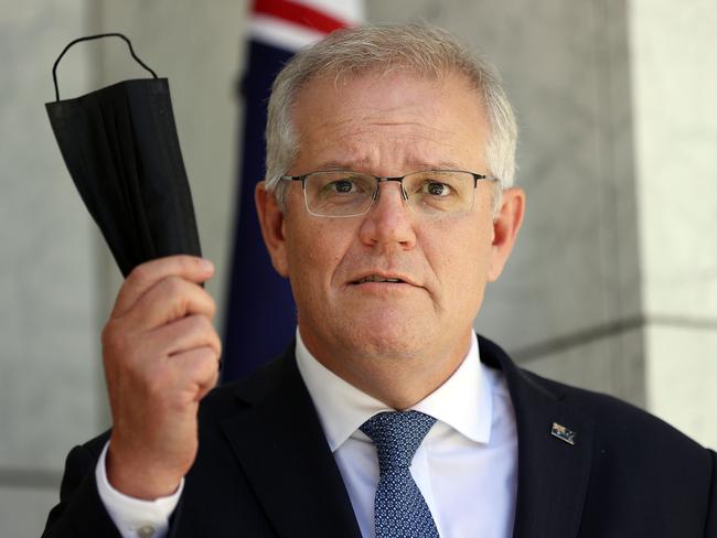 “Just wear on” says Prime Minister Scott Morrison on the issue of masks. Picture: Gary Ramage