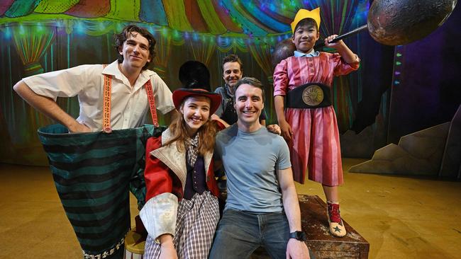 Round The Twist: The Musical writer Paul Hodge, centre, with cast members including young Edison Ai (Bronson Twist), and, left to right, Hanlon Innocent (Pete Twist), Charly Oakley (Linda Twist) and Matt Hetherington (Tony Twist). Picture: Lyndon Mechielsen