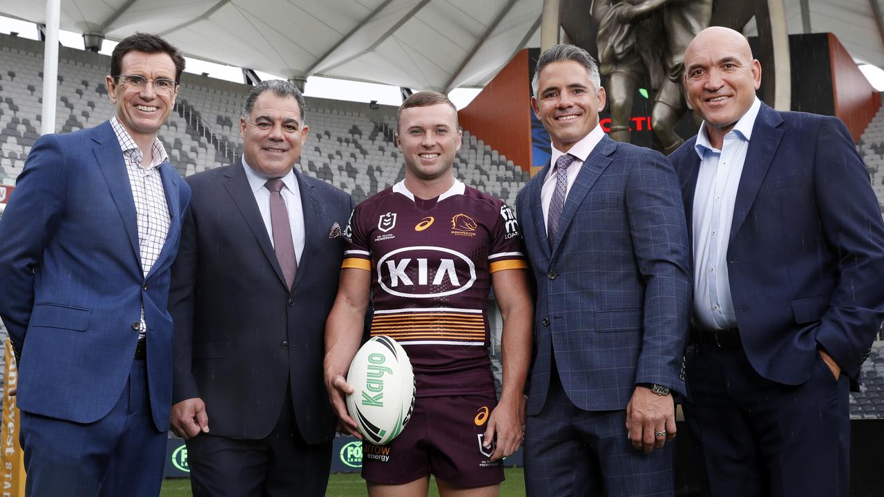 Ikin (L) with Broncos star Jake Durpin and Queensland legends Mal Meninga, Corey Parker and Gordon Tallis. Picture: Jonathan Ng