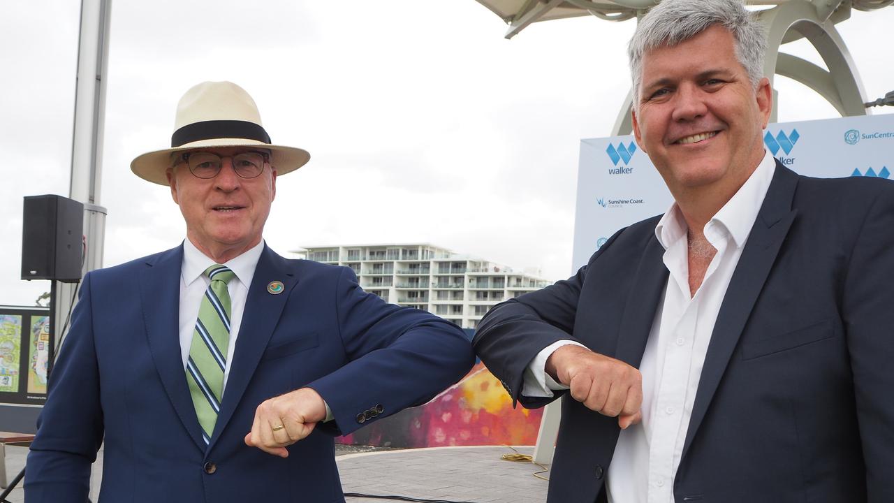 Mayor Mark Jamieson and Walker Corporation's commercial manager Malaysia and development projects George Quinn announce the development agreement for the Maroochydore City Centre. The city centre was one of several major projects identified in a review of the current planning scheme.