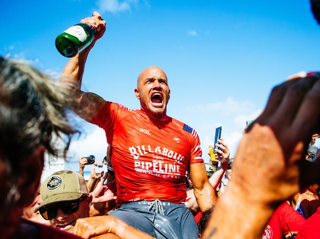 HALEIWA, HAWAII - FEBRUARY 5: Eleven-time WSL Champion Kelly Slater of the United States after winning the Final at the Billabong Pro Pipeline on February 5, 2022 in Haleiwa, Hawaii. (Photo by Tony Heff/World Surf League)