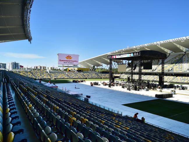 The stage being set up ahead of the Horn-Tszyu fight at Queensland Country Bank Stadium, Townsville. Picture: Alix Sweeney