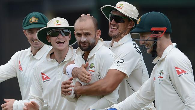 Nathan Lyon celebrates a wicket against Sri Lanka in 2016. Picture: AFP