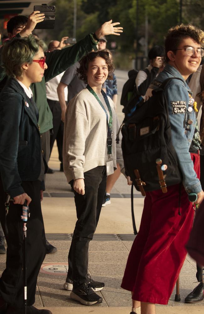 Luci Loumeau (centre) was one of the first to board the new Metro. Picture: Glenn Campbell/NCA NewsWire