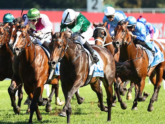 SYDNEY, AUSTRALIA - APRIL 06: XXX riding Manaal wins Race 6 Inglis Sires during Sydney Racing at Royal Randwick Racecourse on April 06, 2024 in Sydney, Australia. (Photo by Jeremy Ng/Getty Images)