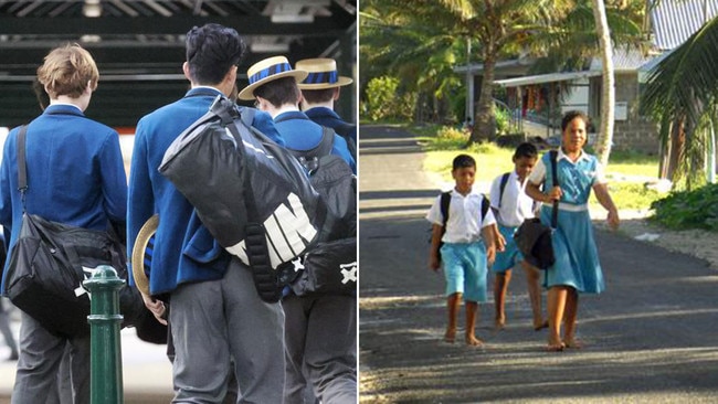 Knox boys head to school in Sydney, left, and children walking on their way to school in the Pacific nation of Tuvalu. Knox’s 2021 income of $112.75 million eclipsed Tuvalu’s GDP in one year alone. Pictures: News Corp/Supplied