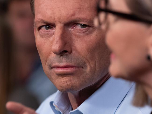 Former Prime Minister, Tony Abbott, United Australia PartyÕs Suellen Wrightson & GreenÕs Kristyn Glanville speaking at the Harboard Beach Hotel Freshwater on Thursday April 11 2019. (IMAGE / MONIQUE HARMER)