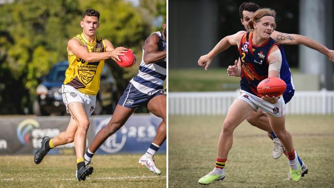 QAFL players Bailey Brown for Labrador and Wil O’Dwyer for Noosa. Pictures: Brooke Sleep Media and Highflyer Images.