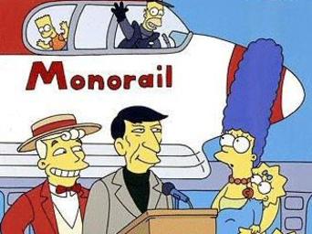 Screen grab of the Monorail that featured in a episode of the animated TV program 'The Simpsons'.