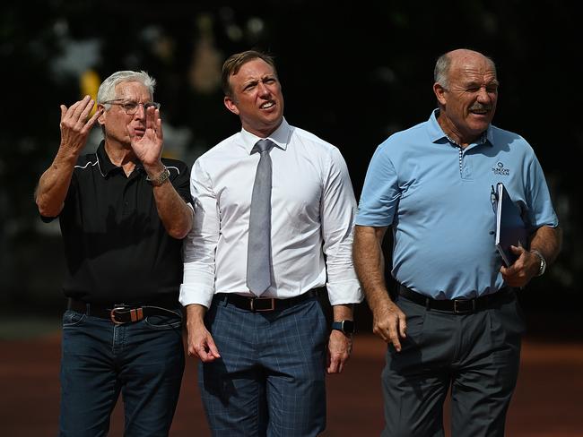 18/3/2024: Suncorp Stadium General Manager, Alan Graham, with QLD Premier Steven Miles, and Wally Lewis after he speaks to the media explaining he will ignore the key finding in the Brisbane 2032 Olympic Games venues review, and put forward Suncorp Stadium as the opening games venue and QE11 as the main athletics venue, outside Suncorp Stadium,  Brisbane. pic: Lyndon Mechielsen/Courier Mail