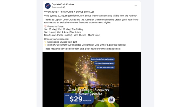 Captain Cook Cruises are selling tickets for firework nights. Image: Facebook