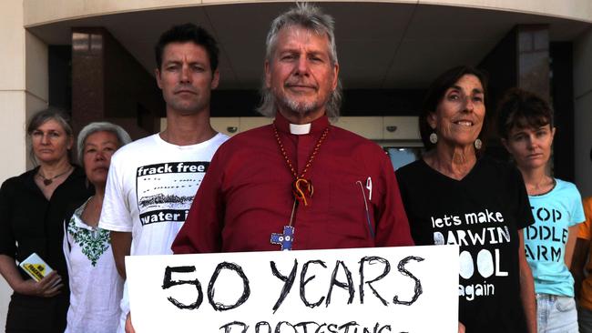 No New Gas Coalition members Grusha Leeman, Juanita Kwok, Phil Scott,  Reverend L Lee Levett-Olson,  Chris Cox, Alice Nagy and Liz Howells outside the Supreme Court in Darwin. Picture: Zizi Averill