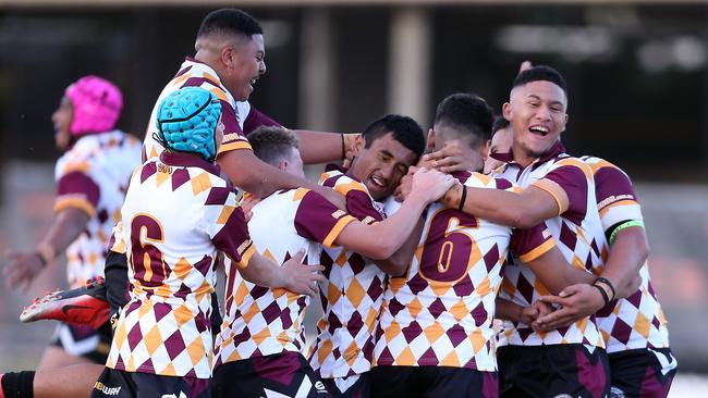 Marsden SHS celebrate a win on the bell. Picture by Richard Gosling