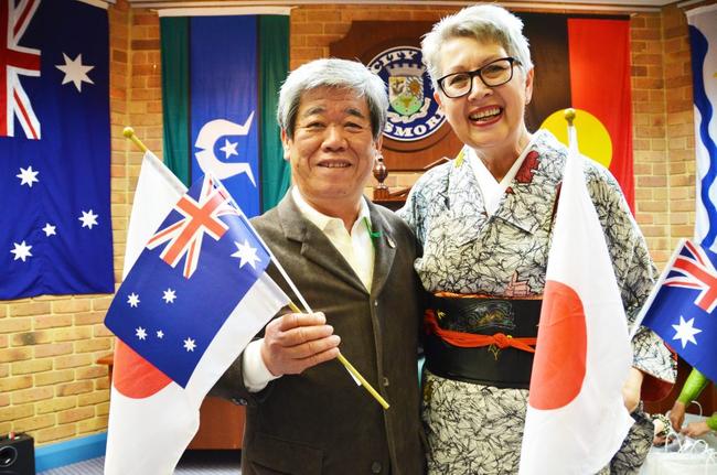 Mayor Jenny Dowell, pictured in 2013 with Yamato Takada Mayor Masakatsu Yoshida, has been awarded a Japanese Foreign Minister's Commendation. Photo Contributed. Picture: Contributed