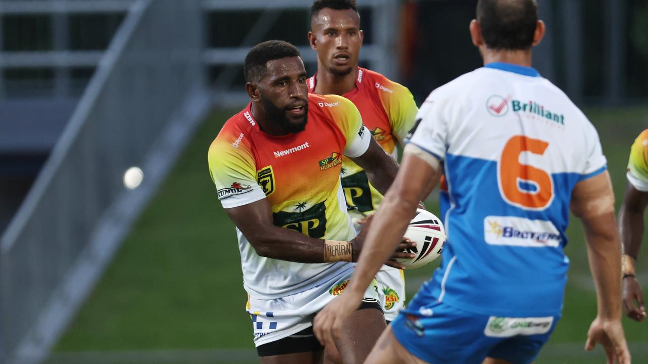 Hunters' Clent Lama runs deep into the Pride defensive line in the Queensland Rugby League (QRL) match between the Northern Pride and the PNG Hunters, held at Barlow Park. Picture: Brendan Radke