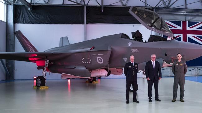 Chief of Air Force, Air Marshal Mel Hupfeld, Scott Morrison and Commanding Officer Jordon Sander with an F-35A aircraft in Williamtown, NSW. Picture: Supplied