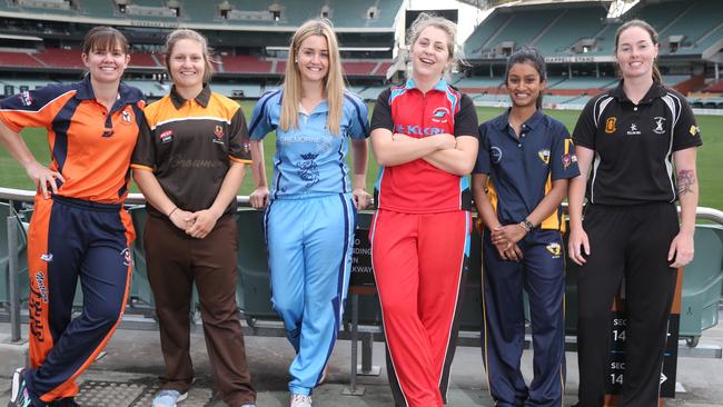 Women’s cricketers before the start of the season (LtoR) Tegan McPharlin (Northern Districts), Bridget Patterson (Kensington), Eliza Bartlett (Sturt), Jess O’Reilly (Southern District), Jess Joseph (West Torrens) and Amanda-Jade Wellington (Port Adelaide). Picture: AAP/Dean Martin.