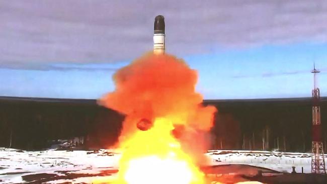 The launch of the Sarmat intercontinental ballistic missile at Plesetsk testing field, Russia. Picture: AFP