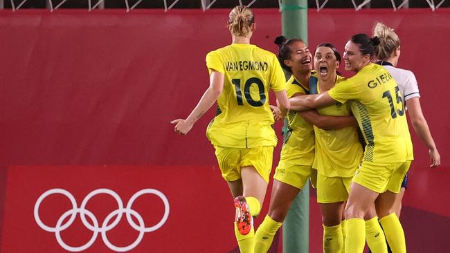 Sam Kerr celebrates after heading in Australia’s fourth goal. Picture: Atsushi Tomura/Getty Images