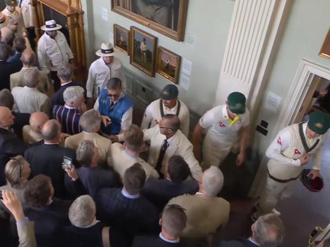 Australian players are heckled as they walk past MCC members at Lords after the dismissal of English batsman Jonny Bairstow. Picture: Nine Wide World of Sports