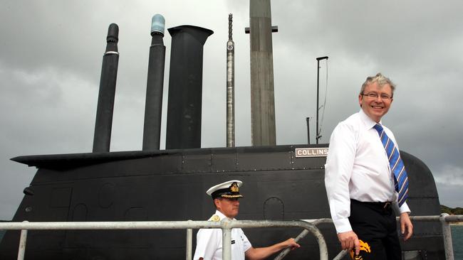 Prime Minister Kevin Rudd tours the Adelaide-built submarine HMAS Collins, off the coast near Rockingham, WA, in April, 2009. Picture: AAP Image / Andy Tyndall