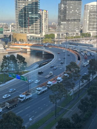 A convoy of about 100 tip truck drivers travelled between 15km to 30km/h across West Gate Freeway during peak hour traffic. Picture: Twitter / Hayleyyemma