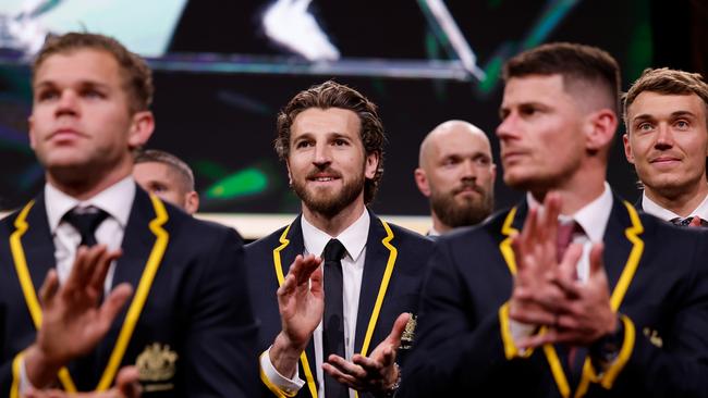 MELBOURNE, AUSTRALIA - AUGUST 29: Marcus Bontempelli of the Western Bulldogs is seen as the 2024 All Australian team are presented during the 2024 AFL Awards at Centrepiece on August 29, 2024 in Melbourne, Australia. (Photo by Dylan Burns/AFL Photos via Getty Images)