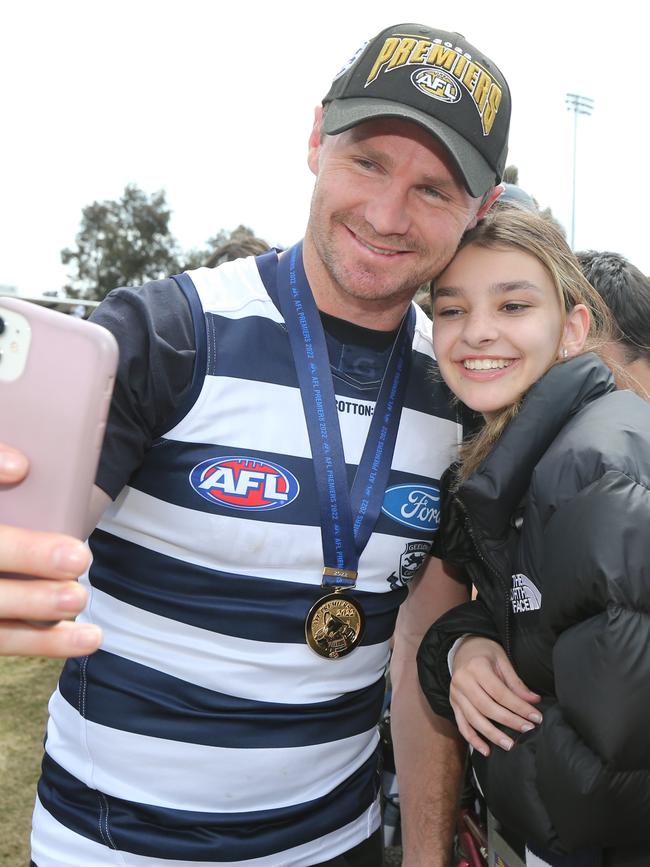 Patrick Dangerfield poses for a selfie with Cats fan Chelsea Claveria at Kardinia Park. Picture: Mike Dugdale