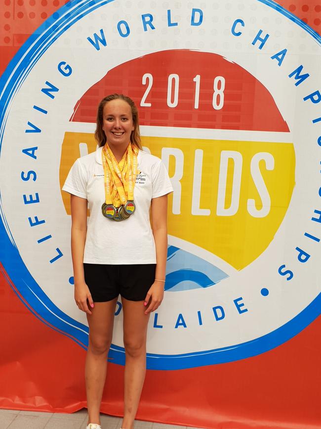 Tahlia Dilkes with her medals at the Surf Life Saving World Championships in Adelaide. Picture supplied.