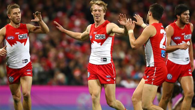 Callum Mills reacts after a hard tackle on Blake Acres. Picture: Getty Images